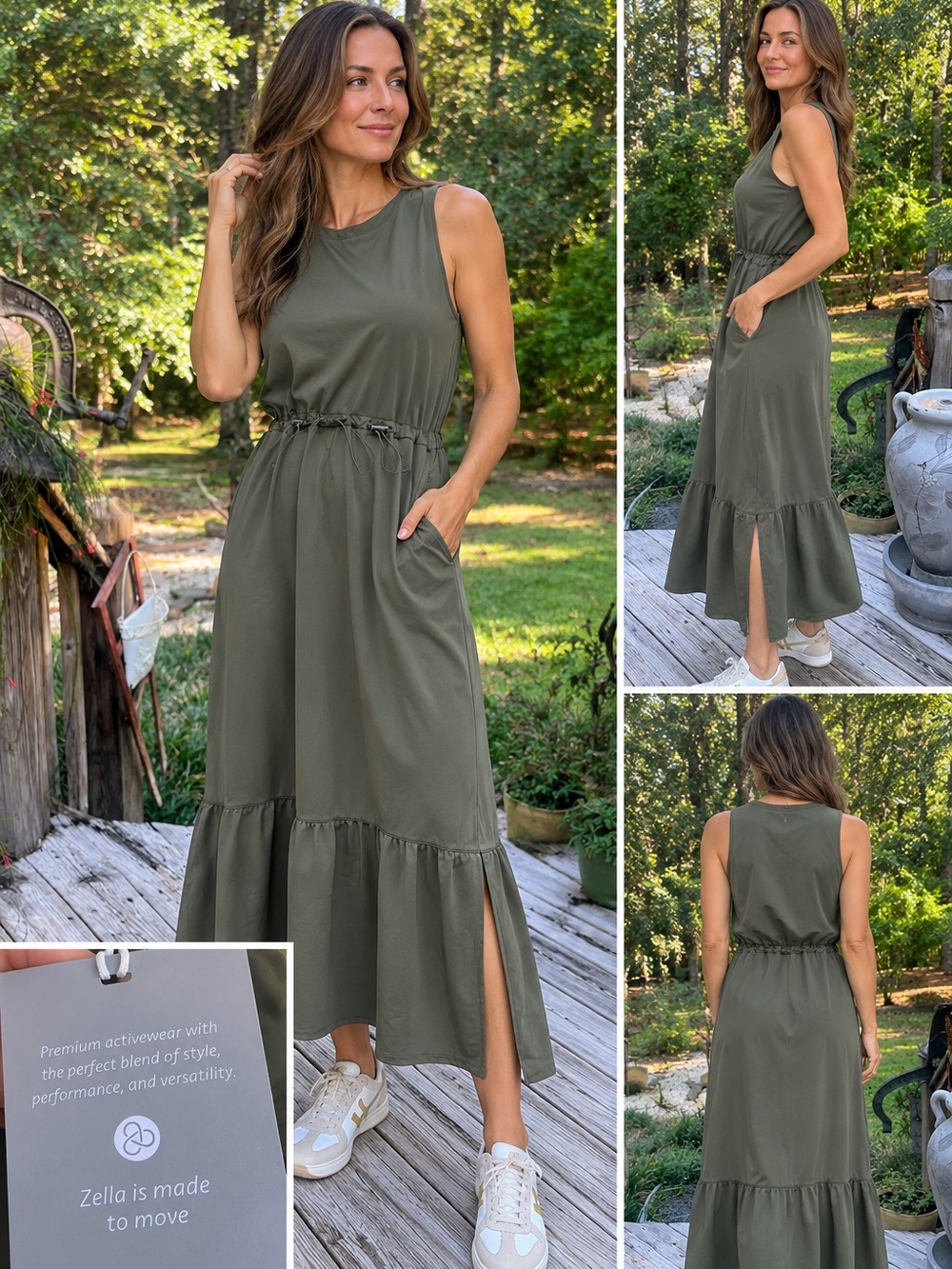 Zella XS Olive Green Drawstring Waist Tiered Midi Active Dress NWT